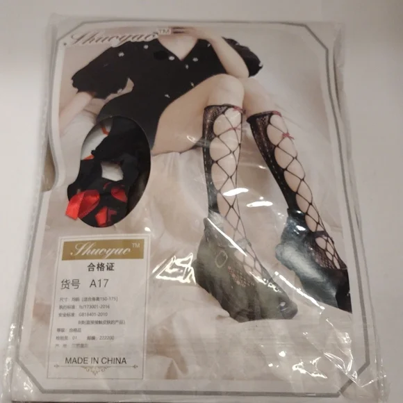 HP!NIP 2 Pack Sexy Gothic Lolita Black Crochet Fishnet Red Bow Knee High Nylons! - Picture 4 of 5
